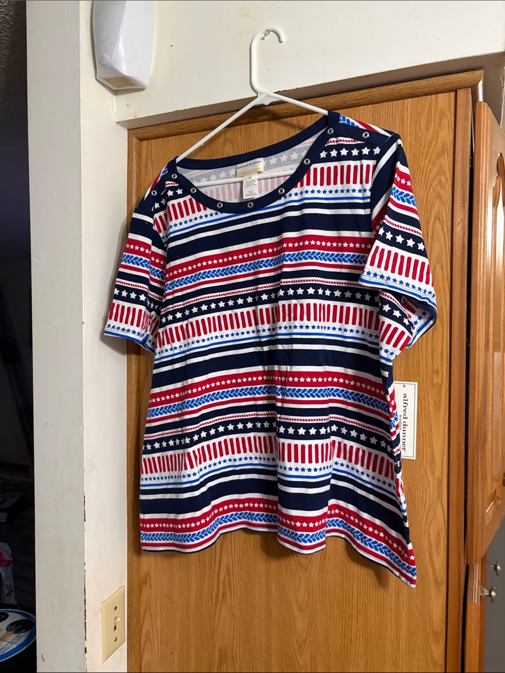 Alfred Dunner Navy, White & Red Striped Grommet Neck Top